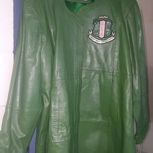 Leather green sorority coat.